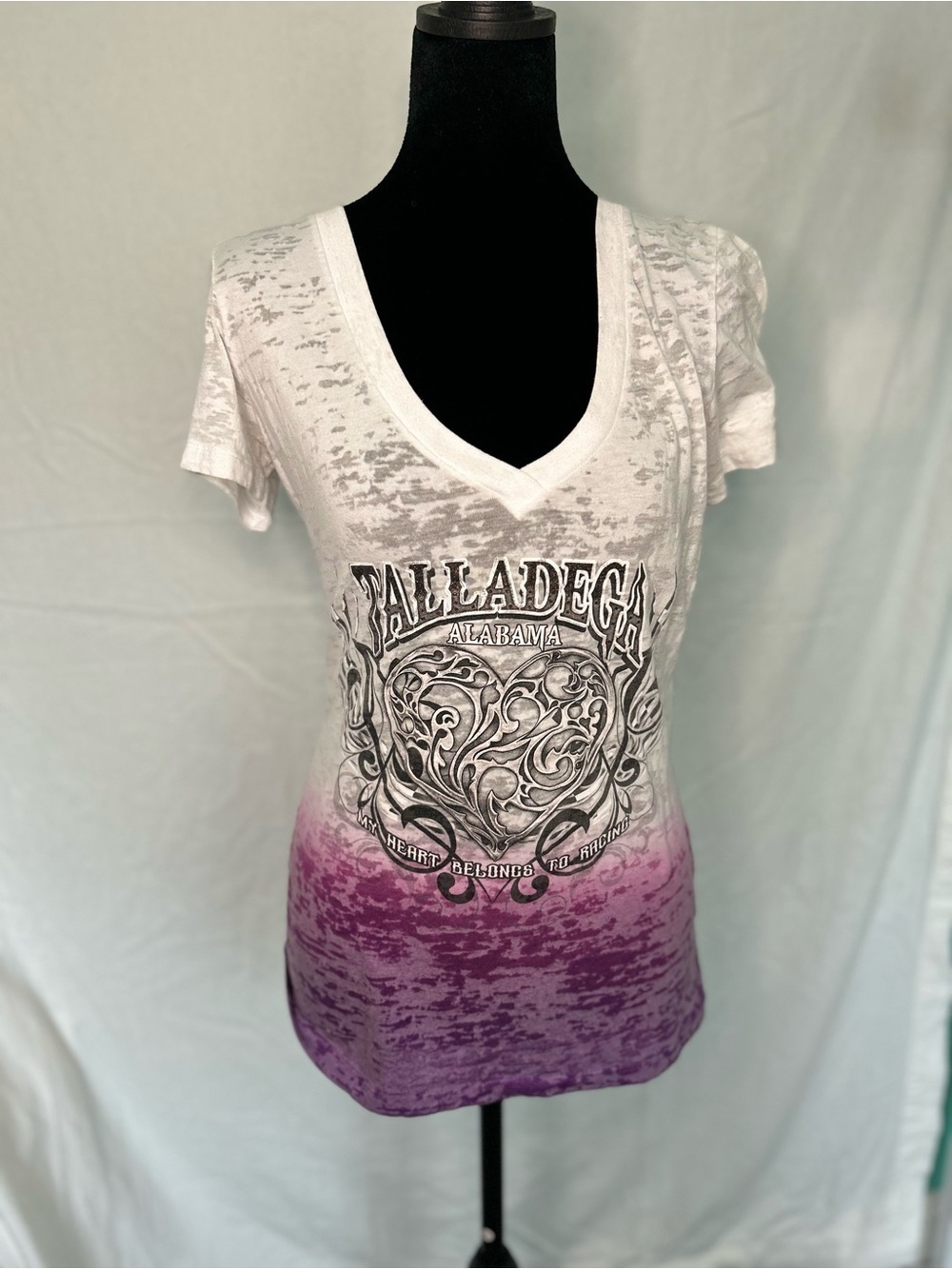 Y2K Style Talladega Biker Racing Graphic Heart Dip Dye Burnout V-Neck Top L